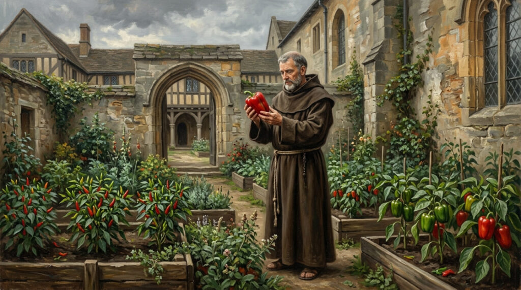 European monk examining bell pepper in monastery garden — history of how Europe bred heat out of chili pepper
