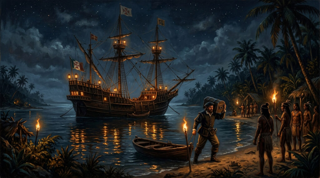 Portuguese ship anchored in Indian harbor at night — Cabral's arrival in Kochi 1500 bringing chili seeds to Asia
