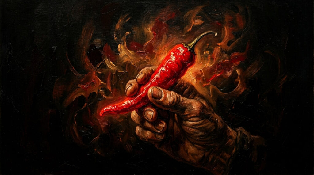 Close-up oil painting of hand holding glowing red chili pepper — capsaicin science and neuroscience of heat sensation
