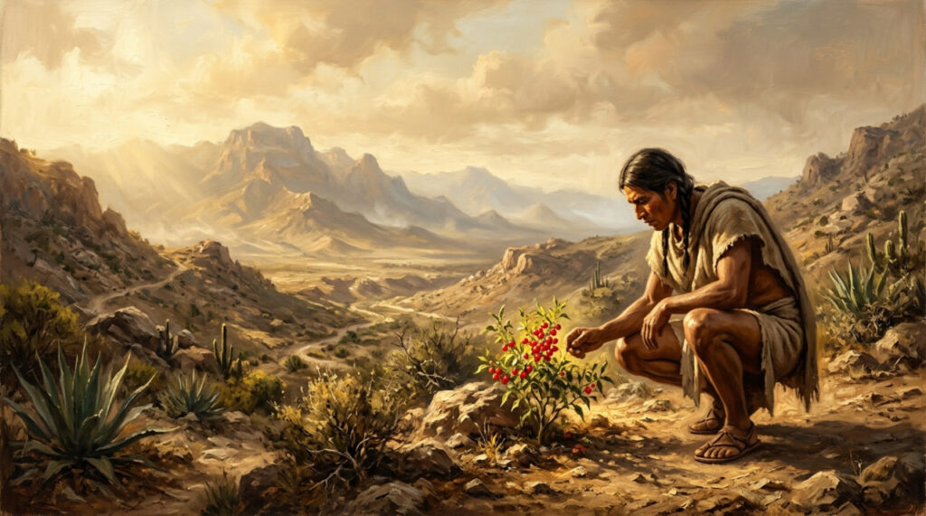 Ancient Mesoamerican figure reaching for wild chili pepper plant in Mexican valley — history of chili pepper origins