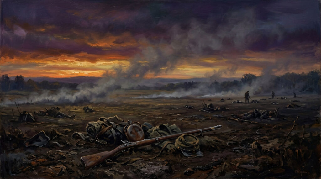 Civil War battlefield at dusk, abandoned rifle in foreground, smoke drifting, American history