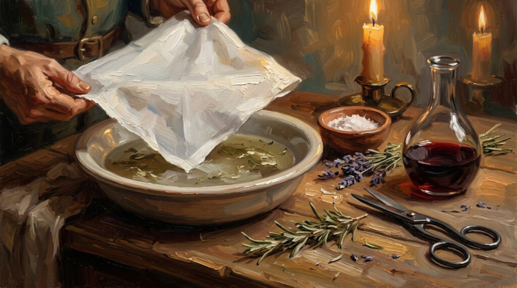 A Renaissance physician examines linen cloth by candlelight in a 16th-century study, representing Falloppio's 1564 condom experiment.