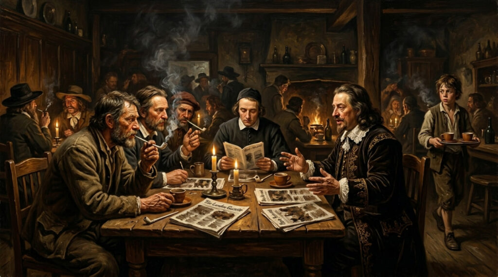 Men of different classes debate in a 17th-century London coffeehouse by candlelight — the birthplace of the London Stock Exchange and Lloyd's of London.