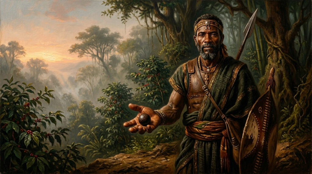 An Oromo warrior of the Ethiopian highlands holds a butter-coffee energy ball — the original form of coffee before brewing was invented