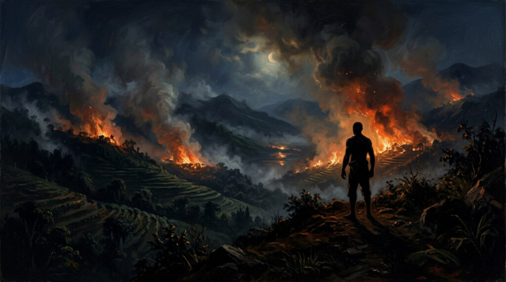 Coffee plantations burning on the mountains of Saint-Domingue during the Haitian Revolution, 1791 — the night that changed the global coffee trade.