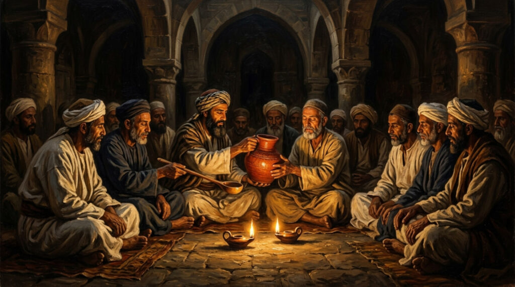 A Sufi dhikr ceremony in 15th-century Yemen, passing a clay coffee pot by candlelight — history of coffee origins.