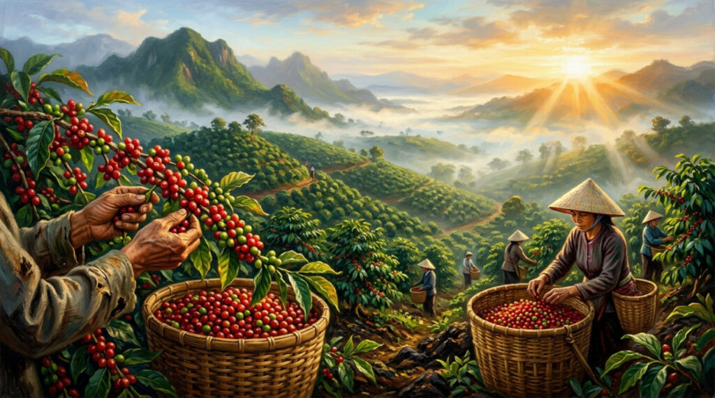 Coffee harvest at dawn in the Central Highlands of Vietnam — Dak Lak province, now the world's largest Robusta coffee-producing region.
